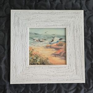 Seascape Oil Painting Signed Martinez Sea Shore Seagulls Framed 10.5"x 10.5"